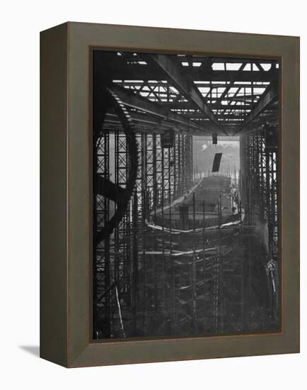 Shipbuilding, 10,000 Ton Merchantman Frames on Overhead Trolley Crane Dropping Plate into Position-William Vandivert-Framed Premier Image Canvas