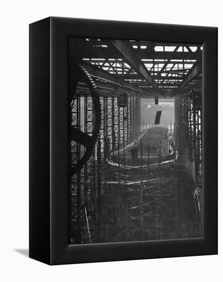 Shipbuilding, 10,000 Ton Merchantman Frames on Overhead Trolley Crane Dropping Plate into Position-William Vandivert-Framed Premier Image Canvas