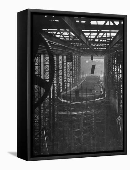 Shipbuilding, 10,000 Ton Merchantman Frames on Overhead Trolley Crane Dropping Plate into Position-William Vandivert-Framed Premier Image Canvas