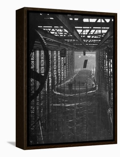 Shipbuilding, 10,000 Ton Merchantman Frames on Overhead Trolley Crane Dropping Plate into Position-William Vandivert-Framed Premier Image Canvas