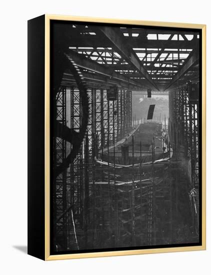 Shipbuilding, 10,000 Ton Merchantman Frames on Overhead Trolley Crane Dropping Plate into Position-William Vandivert-Framed Premier Image Canvas