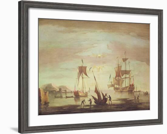 Shipping Becalmed Off Shore at Sunset-Peter Monamy-Framed Giclee Print