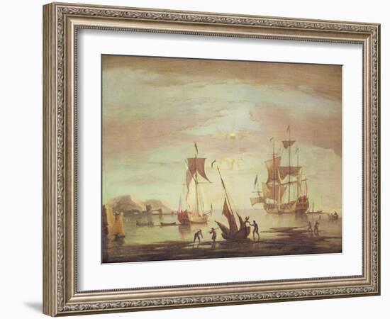 Shipping Becalmed Off Shore at Sunset-Peter Monamy-Framed Giclee Print