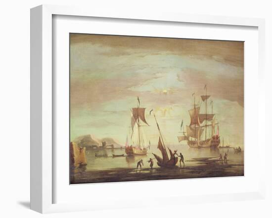 Shipping Becalmed Off Shore at Sunset-Peter Monamy-Framed Giclee Print