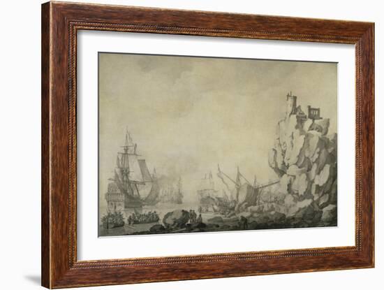 Ships and Militia by a Rocky Shore, C.1680 (Pen and Ink on Prepared Canvas)-Willem Van De Velde the Elder-Framed Giclee Print