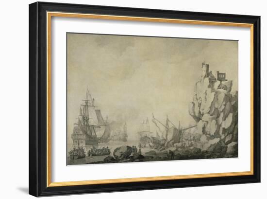 Ships and Militia by a Rocky Shore, C.1680 (Pen and Ink on Prepared Canvas)-Willem Van De Velde the Elder-Framed Giclee Print