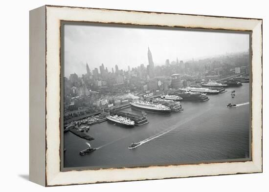 Ships Docking in New York Harbor-null-Framed Premier Image Canvas