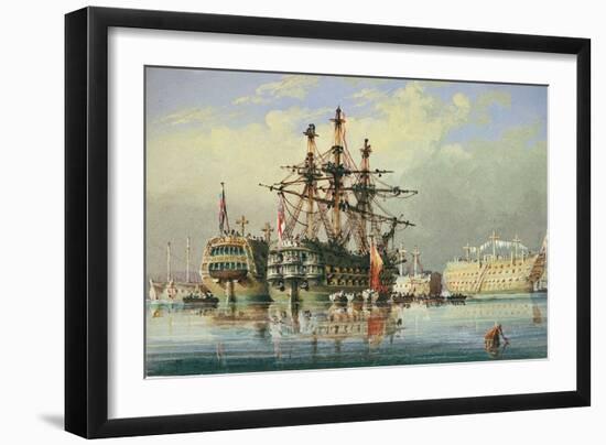 Ships in Ordinary at Devonport, C.1850 (Watercolour)-Nicholas Condy-Framed Giclee Print