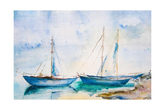 Ships In The Sea Watercolor Painting Art Print Regina Jershova Art Com
