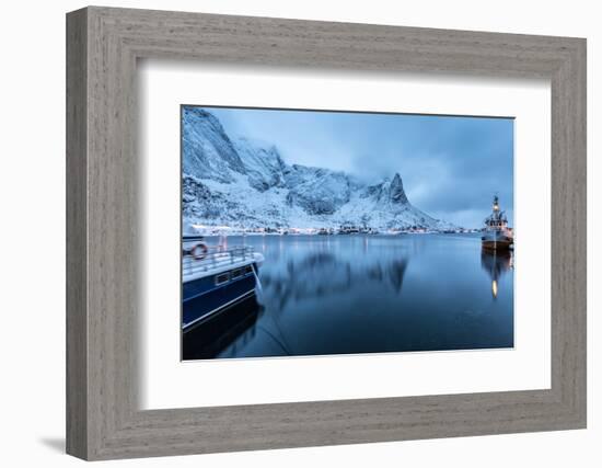 Ships Moored in the Small Harbor of Reine under a Gloomy Sky in the South of the Lofoten Islands-Roberto Moiola-Framed Photographic Print