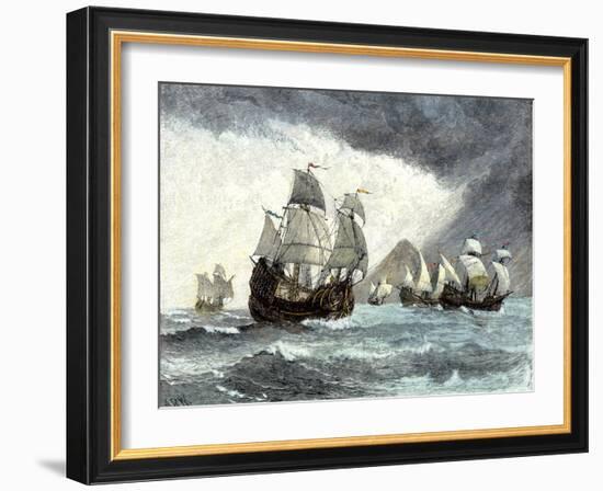 Ships of Ferdinand Magellan Rounding Tierra del Fuego to Circumnavigate the Earth 1519 to 1521-null-Framed Giclee Print