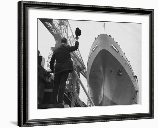 Shipyard Director Waves off the Ship at the Launch of the Transvaal Castle, January 1961-null-Framed Photographic Print
