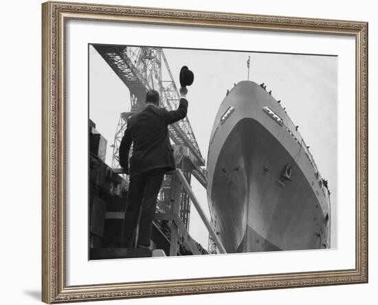 Shipyard Director Waves off the Ship at the Launch of the Transvaal Castle, January 1961-null-Framed Photographic Print