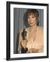 Shirley MacLaine Holding Her Oscar in Press Room at Academy Awards-John Paschal-Framed Premium Photographic Print