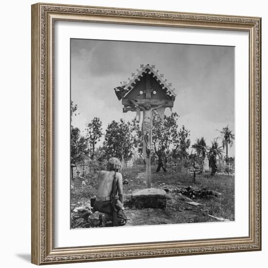 Shirtless American GI Kneeling in Prayer in Front of Crucifix at a Catholic Shrine-Peter Stackpole-Framed Photographic Print