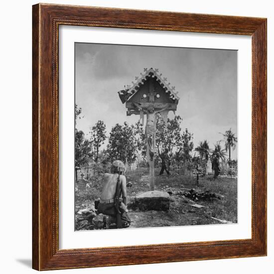 Shirtless American GI Kneeling in Prayer in Front of Crucifix at a Catholic Shrine-Peter Stackpole-Framed Photographic Print