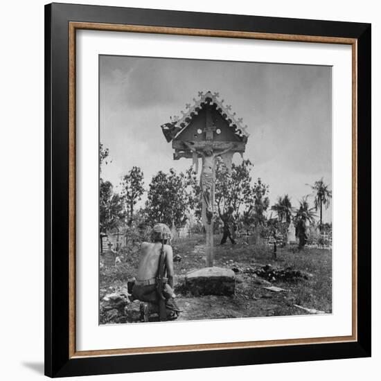 Shirtless American GI Kneeling in Prayer in Front of Crucifix at a Catholic Shrine-Peter Stackpole-Framed Photographic Print