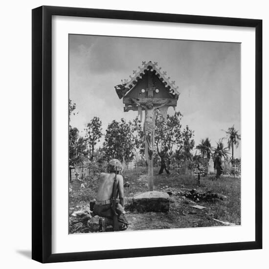 Shirtless American GI Kneeling in Prayer in Front of Crucifix at a Catholic Shrine-Peter Stackpole-Framed Photographic Print