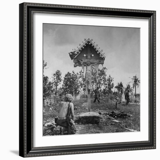 Shirtless American GI Kneeling in Prayer in Front of Crucifix at a Catholic Shrine-Peter Stackpole-Framed Photographic Print