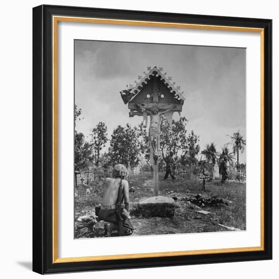 Shirtless American GI Kneeling in Prayer in Front of Crucifix at a Catholic Shrine-Peter Stackpole-Framed Photographic Print