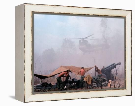 Shirtless American Soldiers of 1st Batt, Erect Canopy over a Sandbagged Position in Vietnam War-Co Rentmeester-Framed Premier Image Canvas