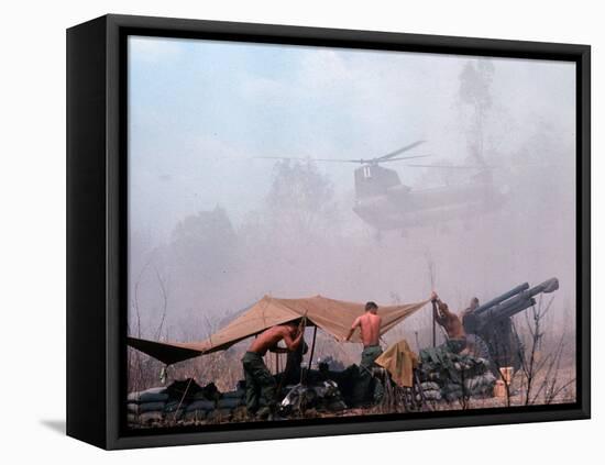 Shirtless American Soldiers of 1st Batt, Erect Canopy over a Sandbagged Position in Vietnam War-Co Rentmeester-Framed Premier Image Canvas