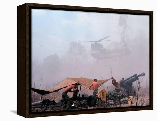 Shirtless American Soldiers of 1st Batt, Erect Canopy over a Sandbagged Position in Vietnam War-Co Rentmeester-Framed Premier Image Canvas