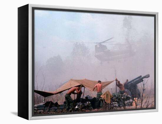 Shirtless American Soldiers of 1st Batt, Erect Canopy over a Sandbagged Position in Vietnam War-Co Rentmeester-Framed Premier Image Canvas