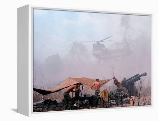 Shirtless American Soldiers of 1st Batt, Erect Canopy over a Sandbagged Position in Vietnam War-Co Rentmeester-Framed Premier Image Canvas