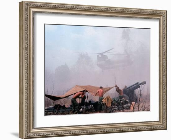 Shirtless American Soldiers of 1st Batt, Erect Canopy over a Sandbagged Position in Vietnam War-Co Rentmeester-Framed Photographic Print