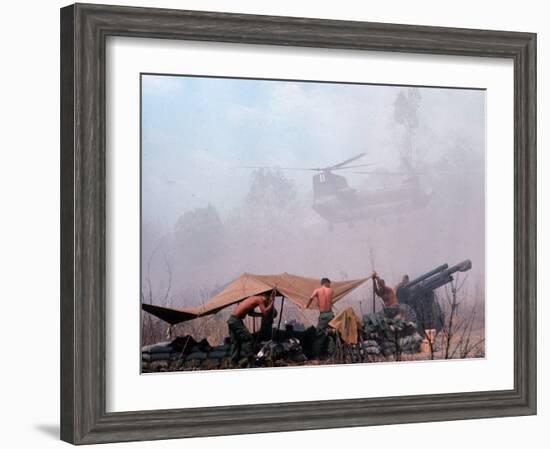 Shirtless American Soldiers of 1st Batt, Erect Canopy over a Sandbagged Position in Vietnam War-Co Rentmeester-Framed Photographic Print