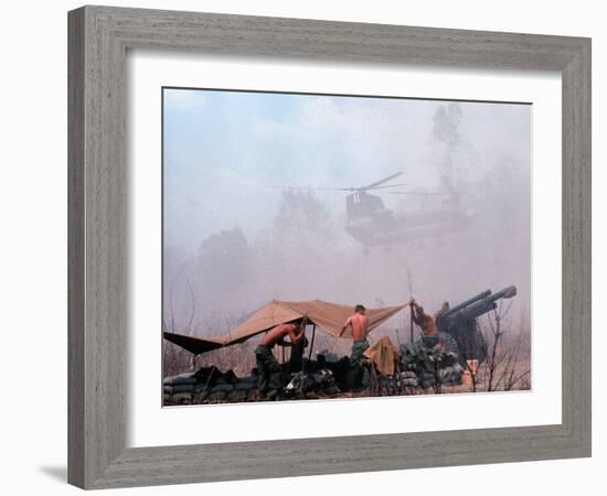 Shirtless American Soldiers of 1st Batt, Erect Canopy over a Sandbagged Position in Vietnam War-Co Rentmeester-Framed Photographic Print