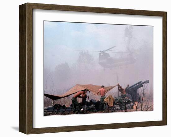 Shirtless American Soldiers of 1st Batt, Erect Canopy over a Sandbagged Position in Vietnam War-Co Rentmeester-Framed Photographic Print