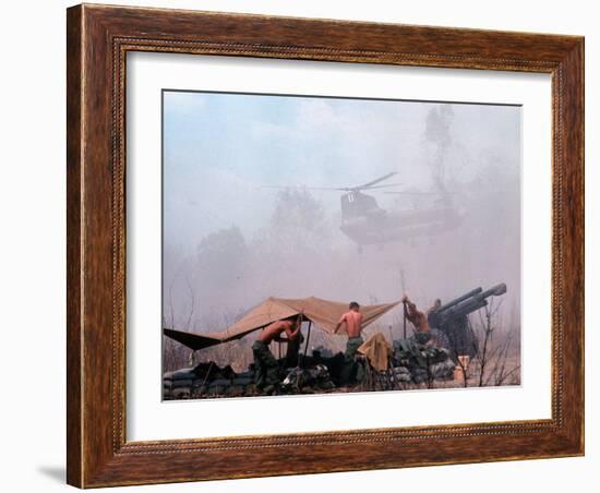 Shirtless American Soldiers of 1st Batt, Erect Canopy over a Sandbagged Position in Vietnam War-Co Rentmeester-Framed Photographic Print