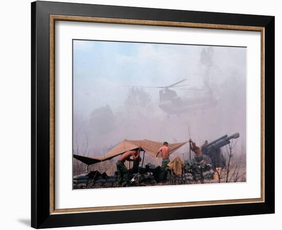 Shirtless American Soldiers of 1st Batt, Erect Canopy over a Sandbagged Position in Vietnam War-Co Rentmeester-Framed Photographic Print