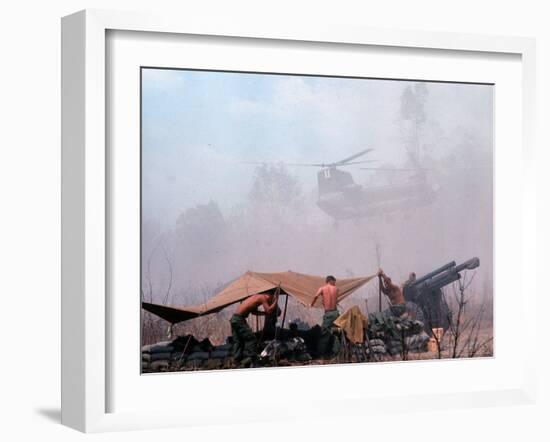 Shirtless American Soldiers of 1st Batt, Erect Canopy over a Sandbagged Position in Vietnam War-Co Rentmeester-Framed Photographic Print