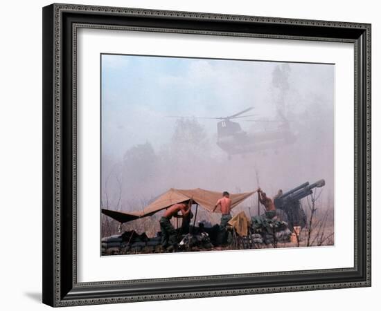 Shirtless American Soldiers of 1st Batt, Erect Canopy over a Sandbagged Position in Vietnam War-Co Rentmeester-Framed Photographic Print