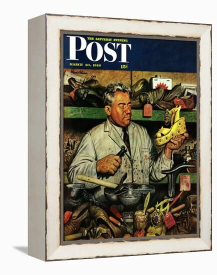 "Shoe Repairman," Saturday Evening Post Cover, March 20, 1948-Stevan Dohanos-Framed Premier Image Canvas