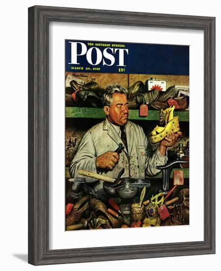 "Shoe Repairman," Saturday Evening Post Cover, March 20, 1948-Stevan Dohanos-Framed Giclee Print