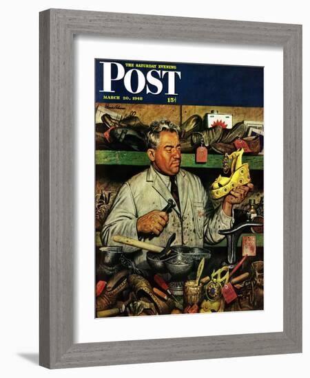 "Shoe Repairman," Saturday Evening Post Cover, March 20, 1948-Stevan Dohanos-Framed Giclee Print