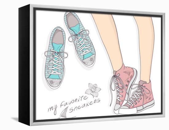 Shoes With Floral Pattern-cherry blossom girl-Framed Stretched Canvas