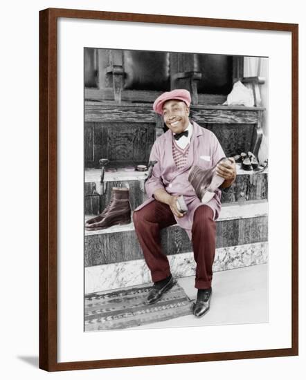 Shoeshine Man Working and Smiling-null-Framed Photo
