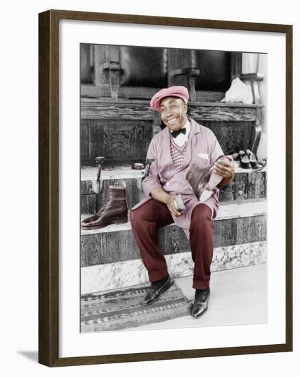 Shoeshine Man Working and Smiling-null-Framed Photo