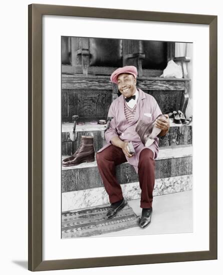 Shoeshine Man Working and Smiling-null-Framed Photo