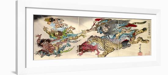 Shoki Riding on a Tiger Chasing Demons Away, Titled Satsuki-Kyosai Kawanabe-Framed Giclee Print