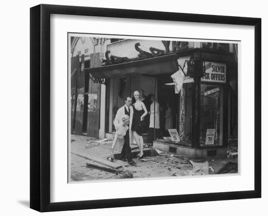 Shop Owner Poses with Two Mannequins Following the Destruction of His Shop by German Bombers-null-Framed Photographic Print