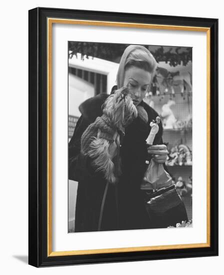 Shopper Looking at Tiny Figurine as She Holds Her Yorkshire Terrier in Arms at Saks Fifth Avenue-Yale Joel-Framed Photographic Print