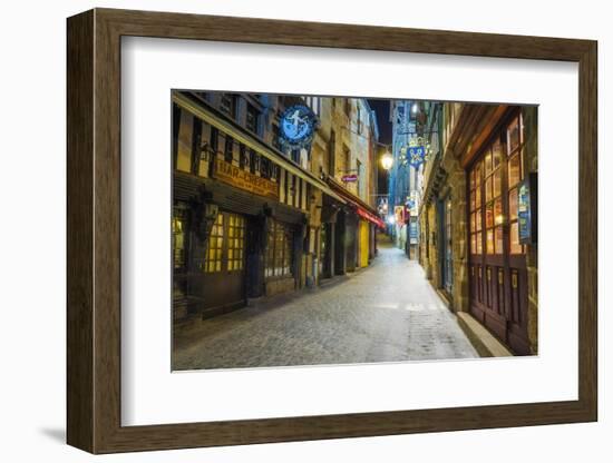 Shops and Cobblestone Street at Night, Mont Saint-Michel, Normandy, France-Russ Bishop-Framed Premium Photographic Print