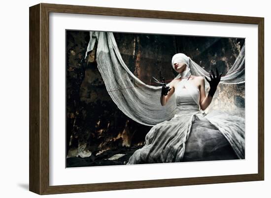 Shot Of A Twilight Girl In White Dress. Halloween, Horror-prometeus-Framed Art Print