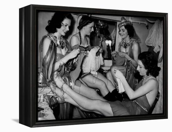 Showgirls Knitting Garments During Drive to Provide Goods to Servicemen During the War-null-Framed Premier Image Canvas